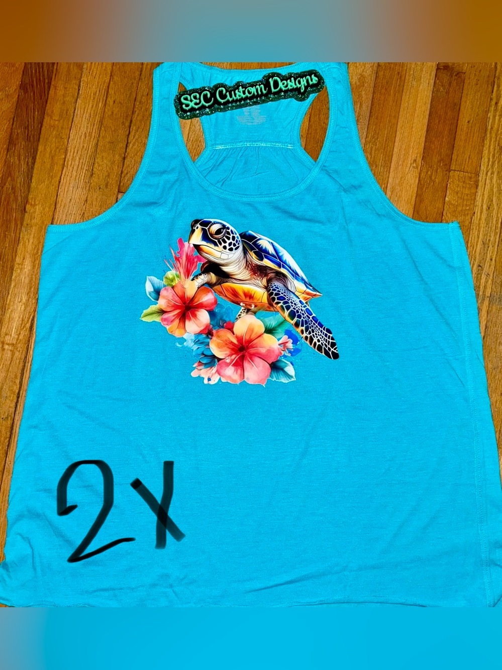 Turquoise Tank Top with Colorful Sea Turtle Graphic